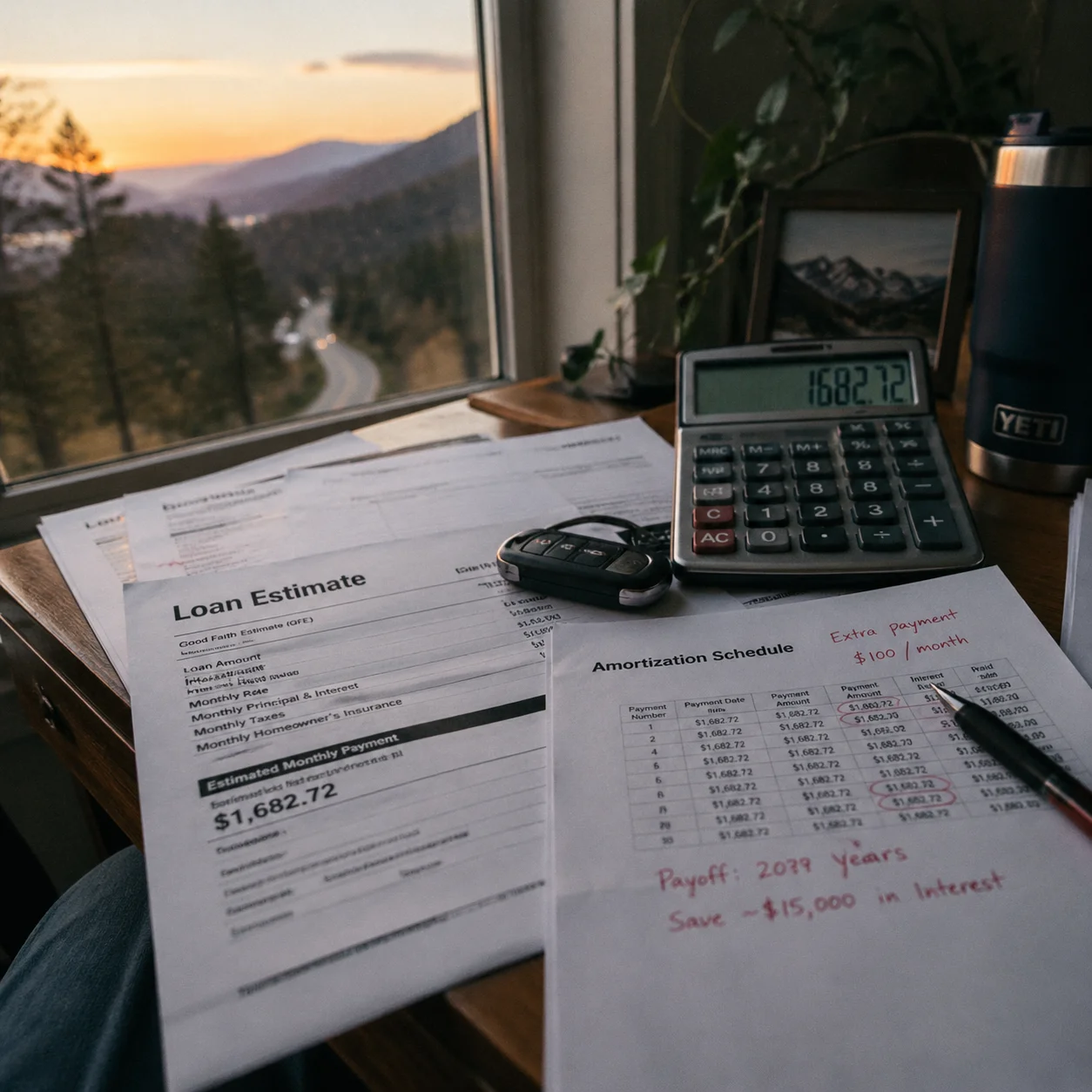 Auto loan refinancing documents with car keys and calculator on a wooden desk