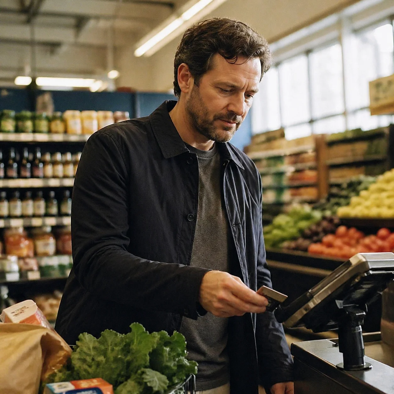 Open leather wallet with multiple cashback credit cards fanned out next to a grocery receipt on a kitchen counter