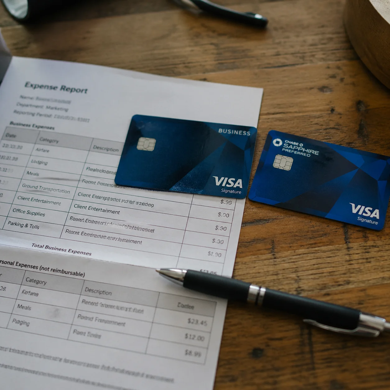 Business credit card and personal credit card side by side on a desk with expense report