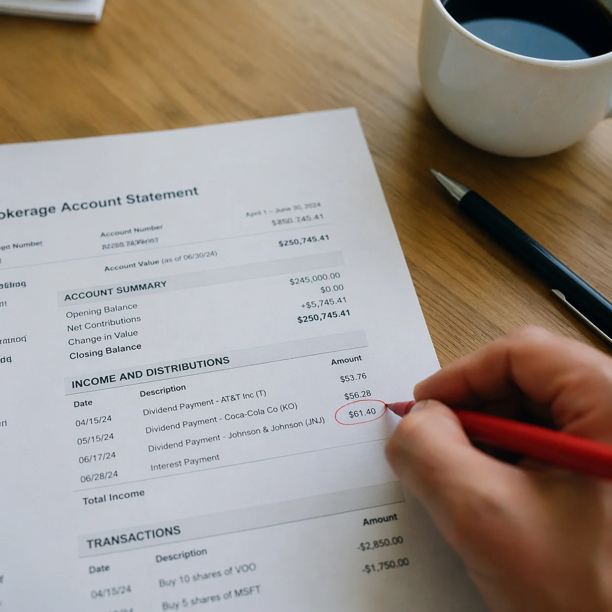Printed brokerage statement showing quarterly dividend payments circled in pencil on a wooden desk