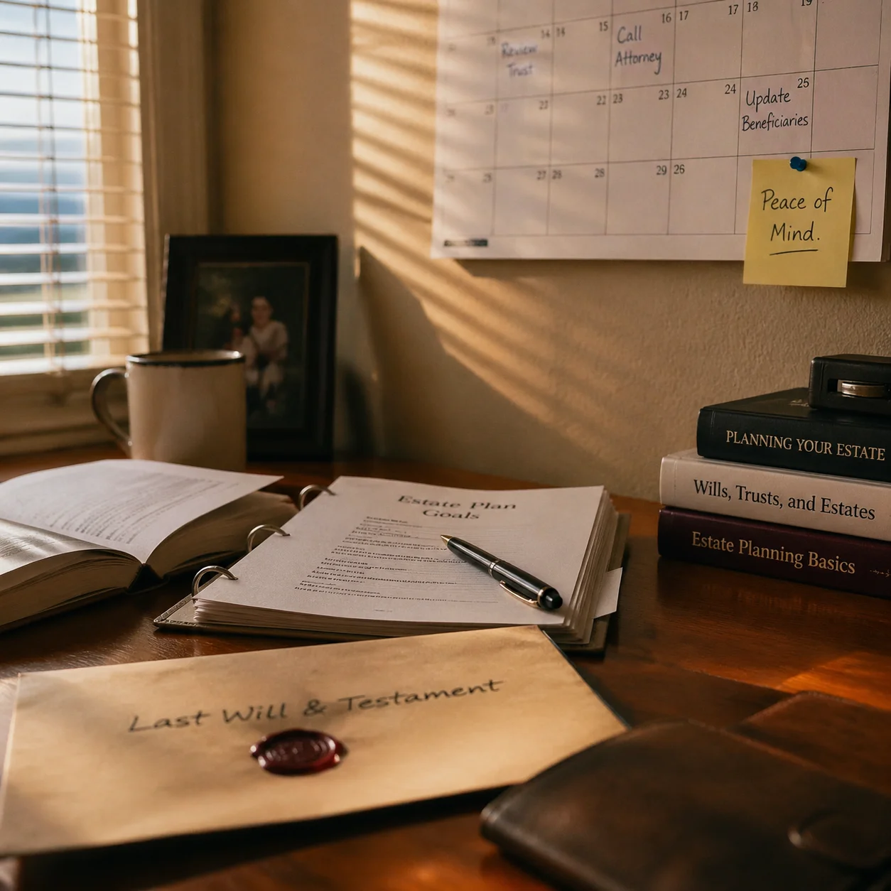 Estate planning documents including a last will and testament on a wooden desk with soft natural light