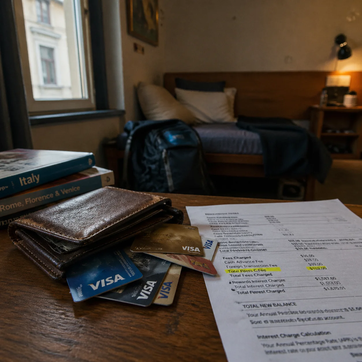 Open wallet with credit cards and a printed statement showing highlighted hidden fees on a wooden desk