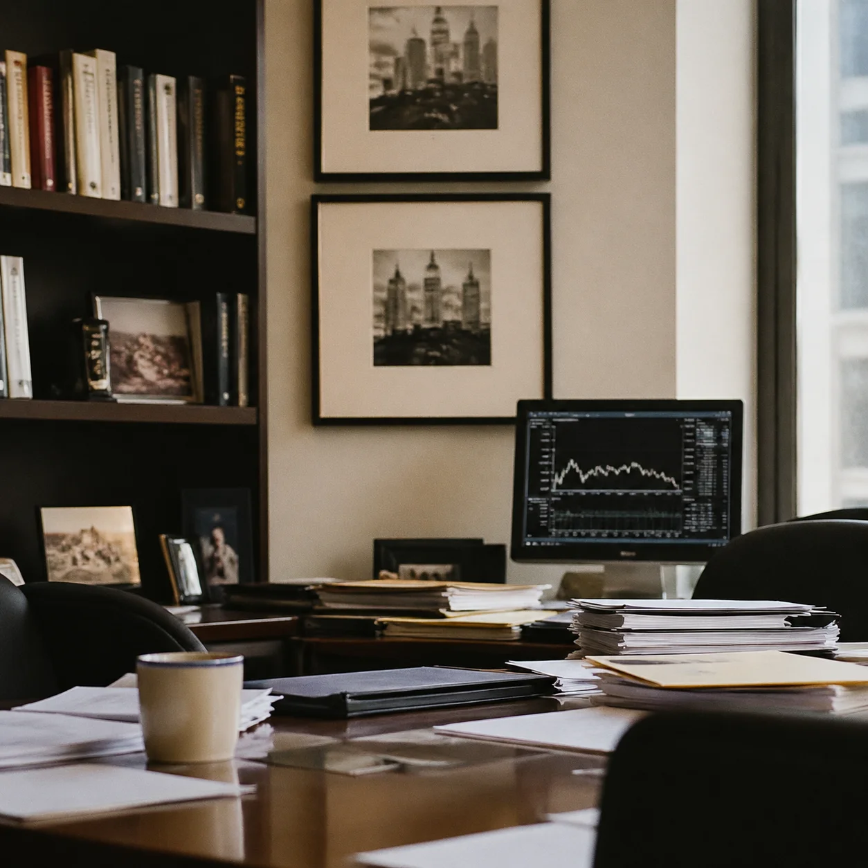 Financial planning documents and laptop dashboard comparing investment portfolio options on a wooden desk