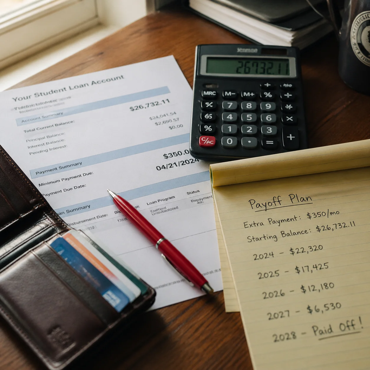 Student loan statement on a desk with calculator and handwritten payoff plan