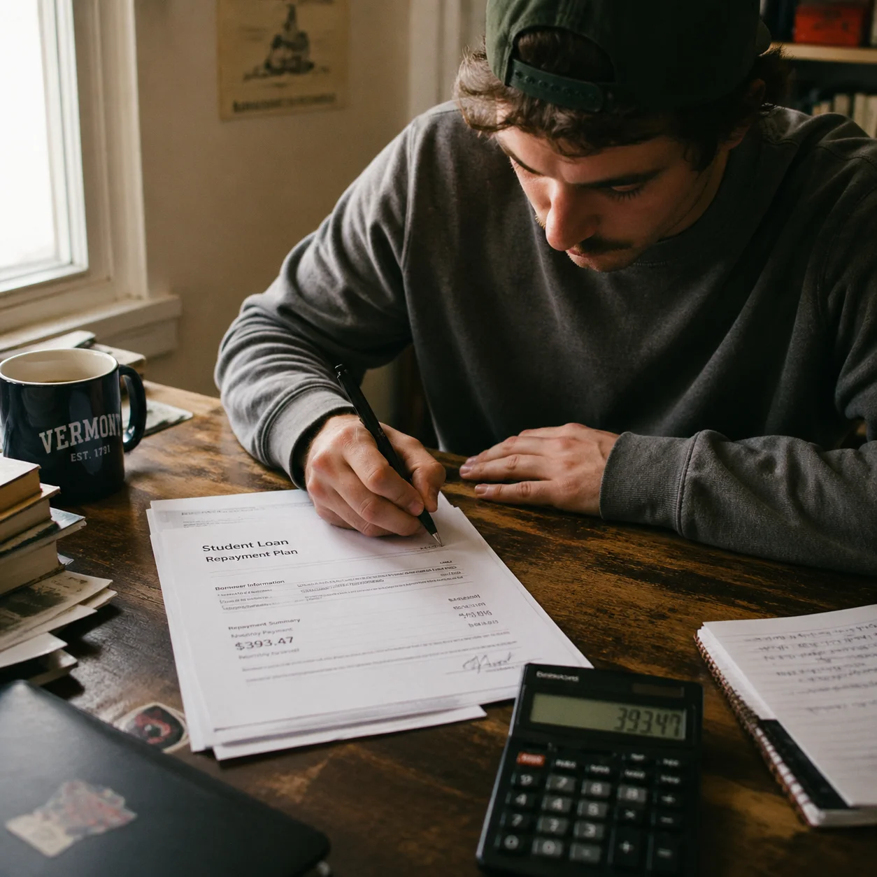 Printed student loan refinancing documents on a wooden desk with a calculator and pen ready for signature